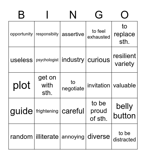 Vocabulary revision Bingo Card