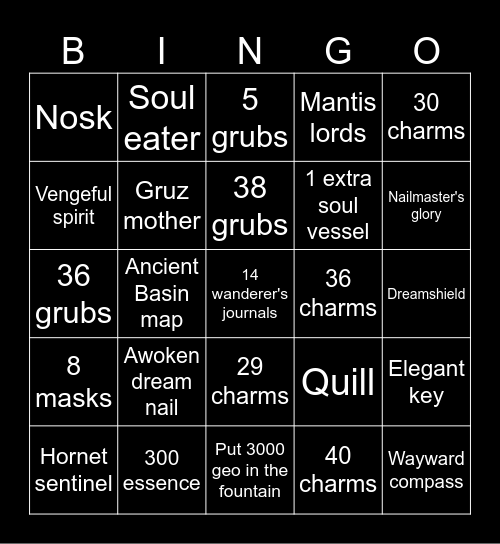 Hollow Knight Bingo Card