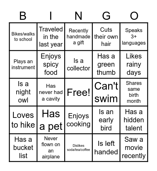 Get to Know You Bingo Card