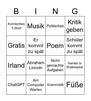 Englisch Bingo Card