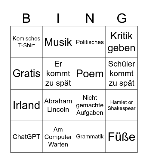Englisch Bingo Card