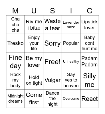 Pop Music Bingo Card