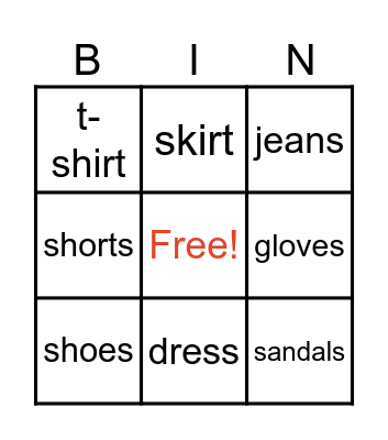 Clothes Bimgo Bingo Card