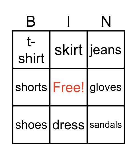 Clothes Bimgo Bingo Card