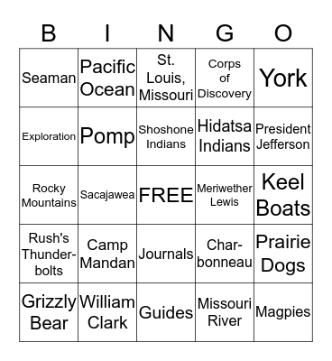 Lewis & Clark Expedition Bingo Card
