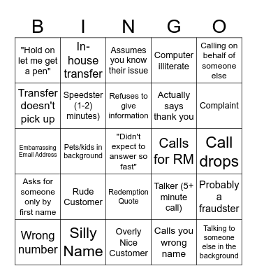 call center bingo Card