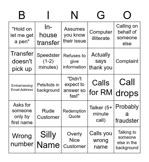 call center bingo Card