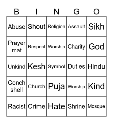 Hate Crime Bingo Card