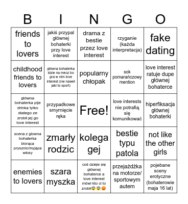 romcom młodzieżówki Bingo Card