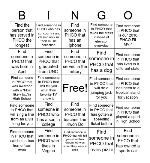 PHCO National Fun at Work Day 2016 Bingo Card