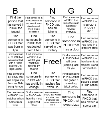 PHCO National Fun at Work Day 2016 Bingo Card
