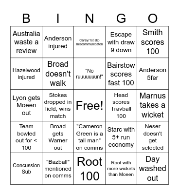 Ashes Bingo Card