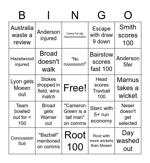 Ashes Bingo Card