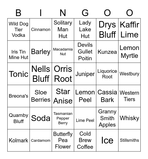 Western Tiers Distillery Bingo Card