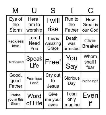 Christian Worship Songs Bingo Card