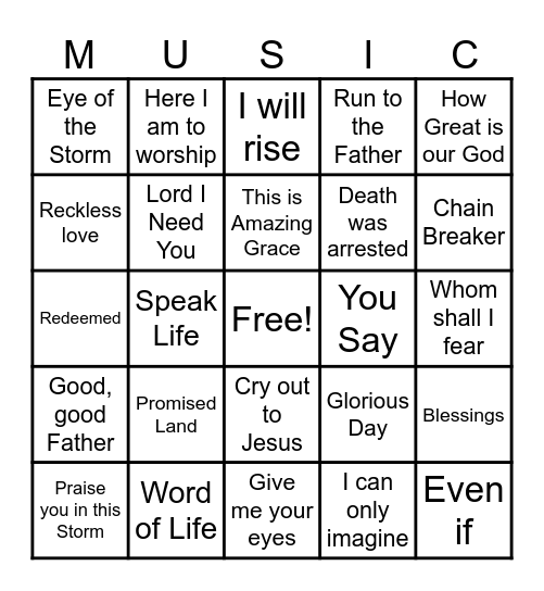 Christian Worship Songs Bingo Card