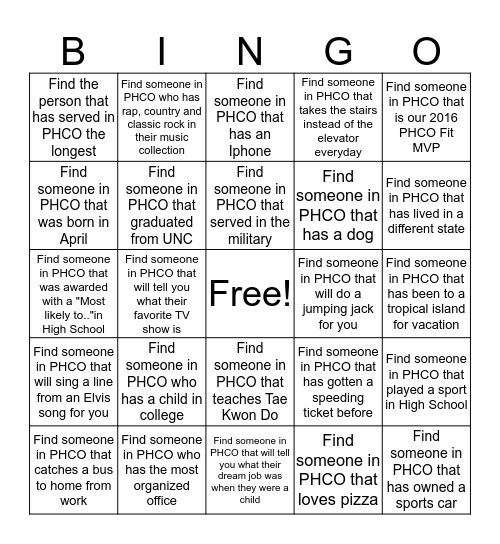 PHCO National Fun at Work Day 2016 Bingo Card