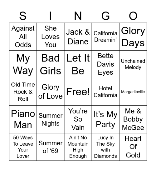 Rock & Roll #2 Bingo Card