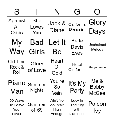 Rock & Roll #2 Bingo Card