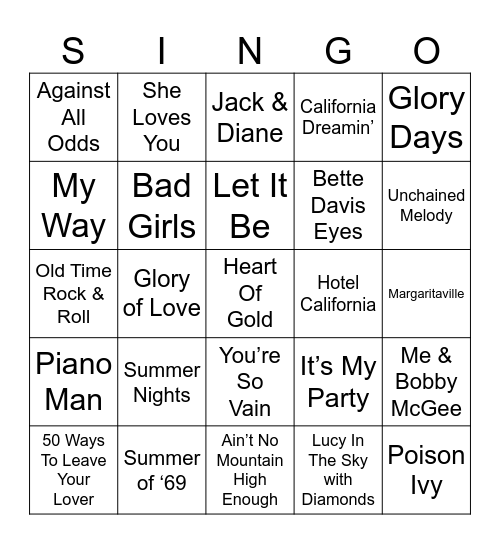 Rock & Roll #2 Bingo Card