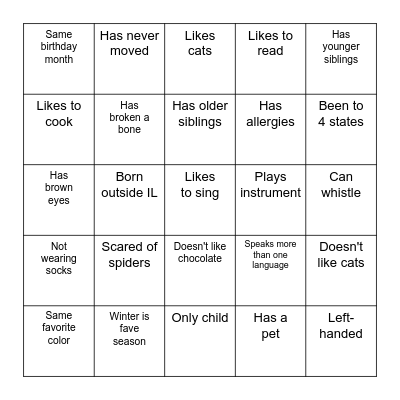 Find a Friend Bingo Card