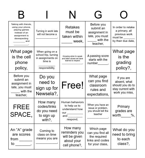 Human Behaviors Syllabus Bingo Card