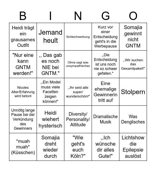 GNTM Bingo 2023 Bingo Card