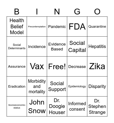 PUBLIC HEALTH BINGO Card