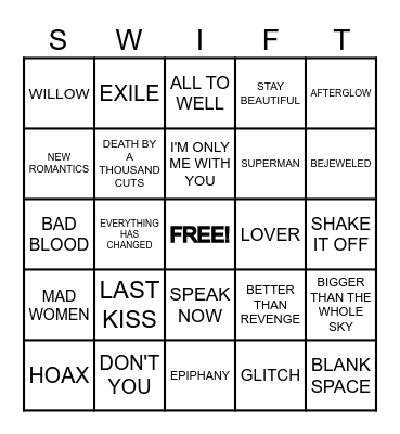 TAYLOR SWIFT SONGS Bingo Card