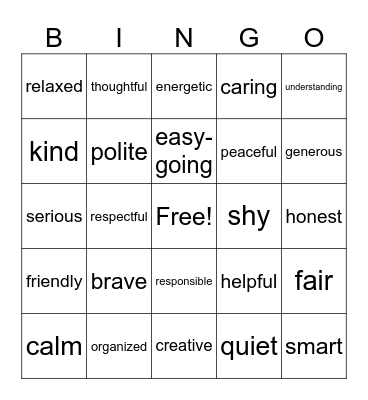 Personality Traits Bingo Card