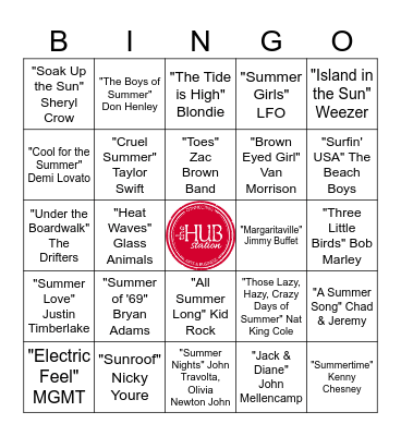 Songs that make you think about Summer Bingo Card