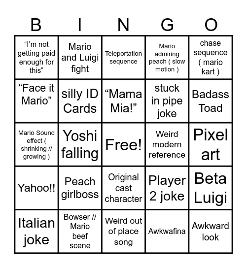 Mario Movie bingo Card