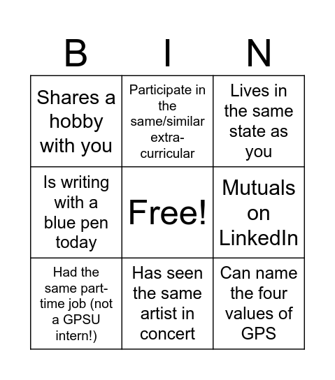 Networking Bingo Card