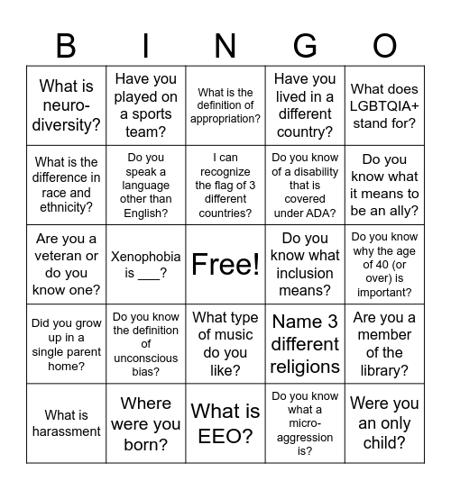 Diversity Bingo Card