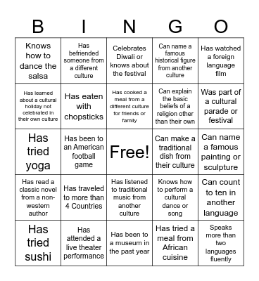 Cultural Bingo Card