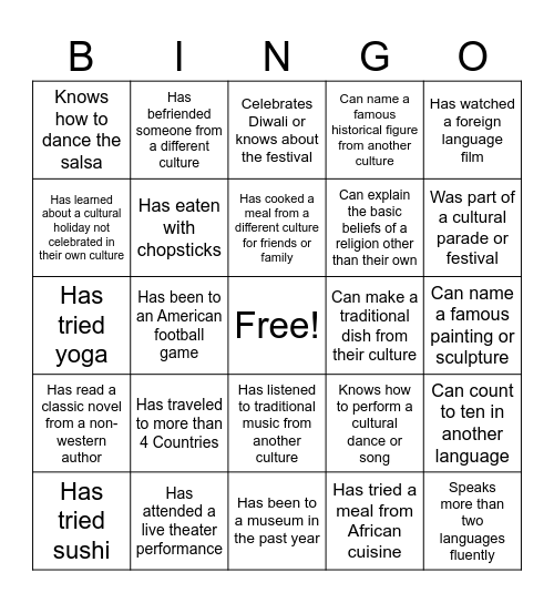 Cultural Bingo Card