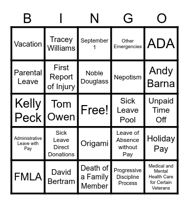 Employee Relations & Leave BINGO Card
