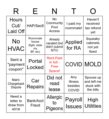 Reasons to not pay RENT-O Bingo Card