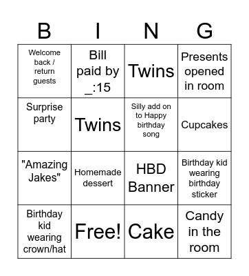 Jake's Birthday Bingo Card