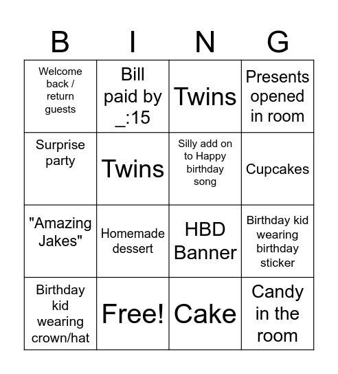 Jake's Birthday Bingo Card