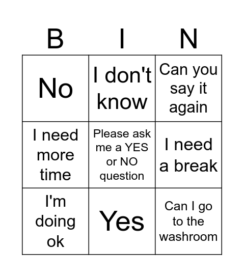Support for Non-Verbal Bingo Card