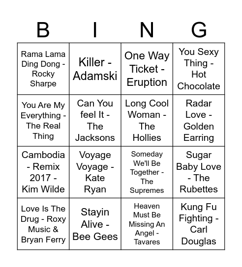 Piti´s Music Bingo (4x4), 40 Hits, 1970-1989 Bingo Card