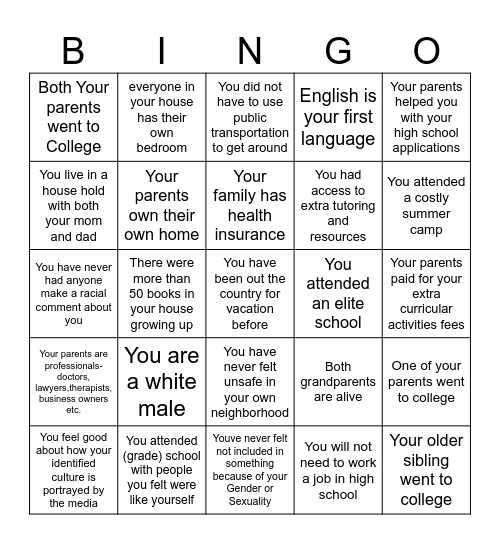 Privilege Bingo Card