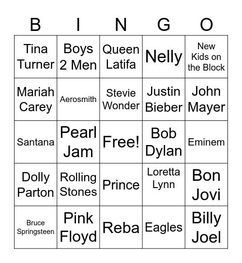 Name That Artist Bingo Card