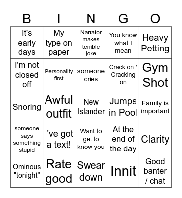 Love Island Bingo Card