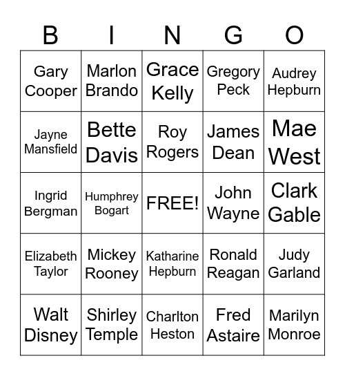 Hollywood Bingo Card