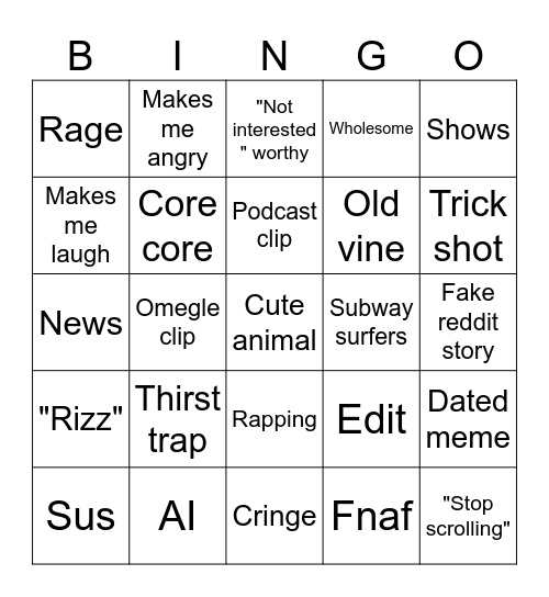 Tik tok Bingo Card