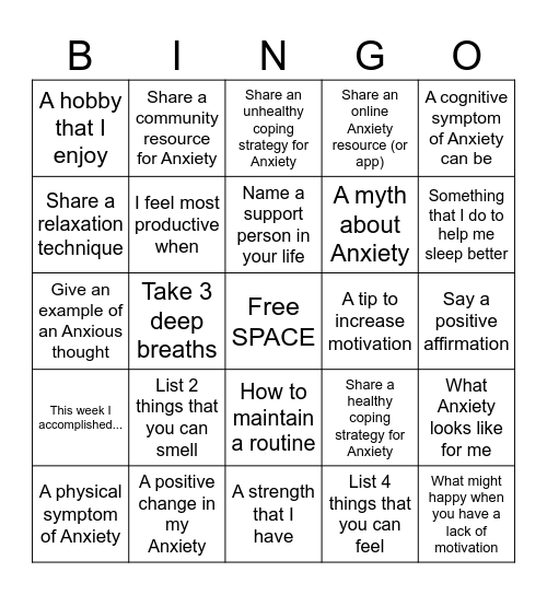 ANXIETY BINGO Card