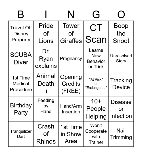 Magic of Animal Kingdom Bingo Card