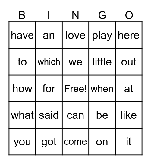 High Frequency Snap Word Bingo Card
